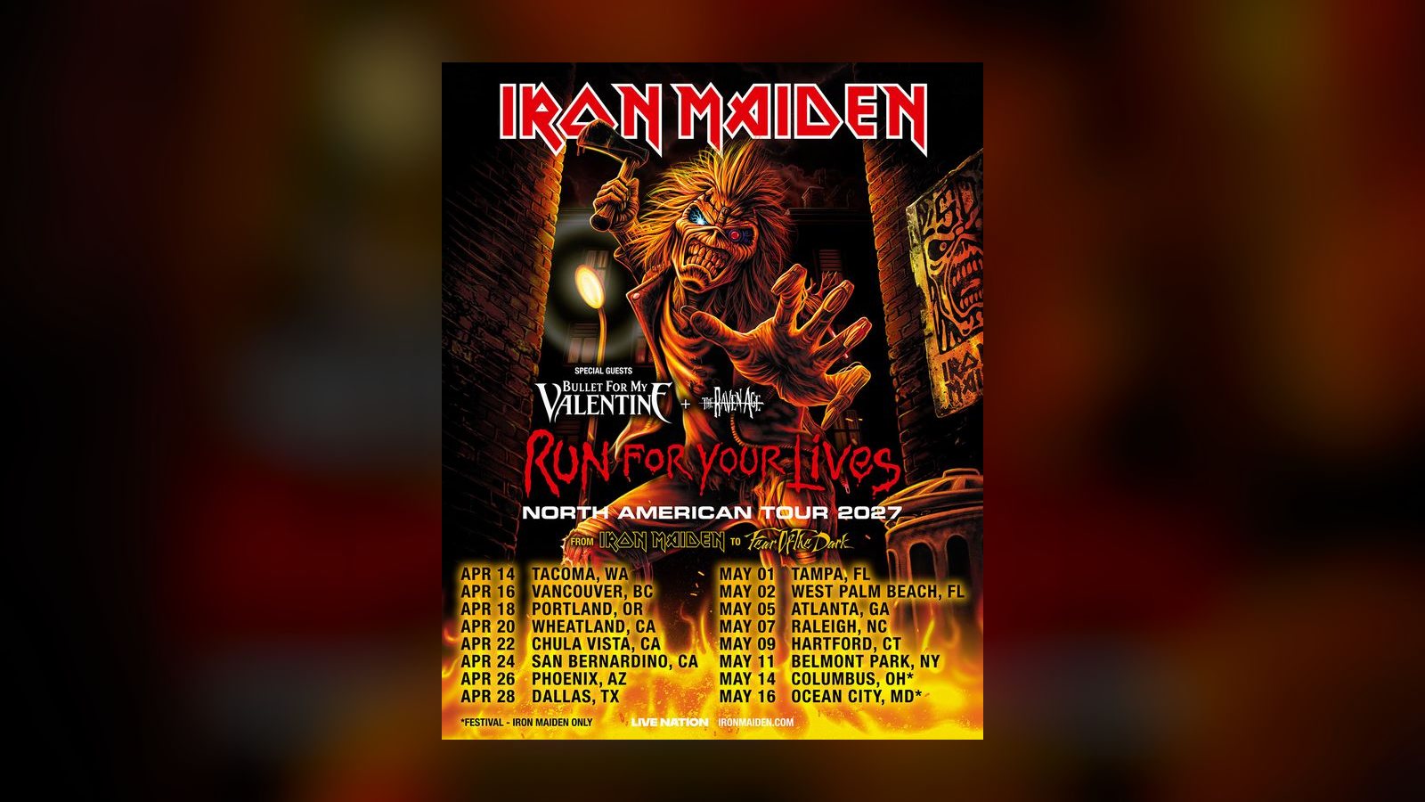 Iron Maiden add a final North American leg for 2027: 16 dates from Tacoma to Ocean City, with Bullet for My Valentine